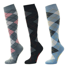 TuffRider Ladies Bamboo Argyle Knee Hi Socks - 3 Pack: Light Gray/Black/Light Blue / Standard