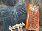 Tooled Leather & Cowhide Checkbook Cover: Black Brown