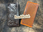 Tooled Leather & Cowhide Checkbook Cover: Black Brown