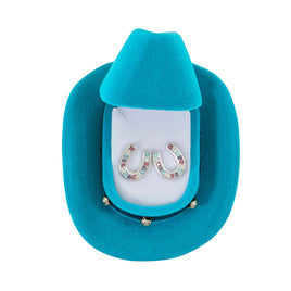 Multi colour horseshoe earrings with turquoise cowboy hat gift case