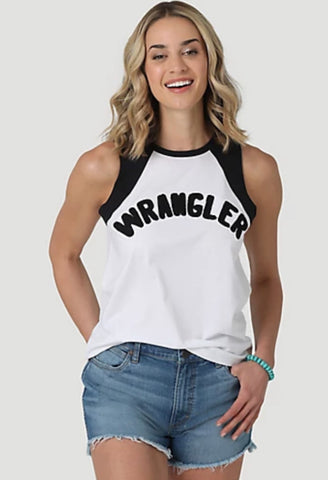 WOMEN'S WRANGLER VINTAGE LOGO RAGLAN TANK IN BRIGHT WHITE