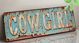 Blue Cowgirl tin sign