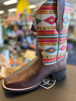 Ariat Women's Round Up Wide Square Toe Stretchfit - Tan Southwest Emboss/Bubblegum Serape