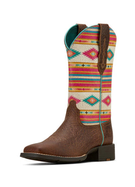 Ariat Women's Round Up Wide Square Toe Stretchfit - Tan Southwest Emboss/Bubblegum Serape