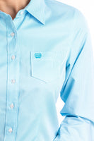 WOMEN'S TENCEL LIGHT BLUE MICRO STRIPE BUTTON-UP SHIRT