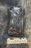 Tooled Leather & Cowhide Checkbook Cover: Black Brown