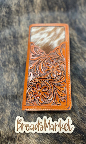 Tooled Leather & Cowhide Checkbook Cover: Beige