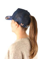 Wrangler Womens Heart High Profile Ponytail Trucker Cap Navy/White Marle